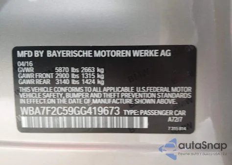 2016 BMW 750I xDrive from USA, damaged, VIN WBA7F2C59GG419673